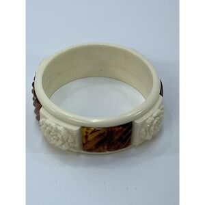 Vintage Carved Lucite Bangle Bracelet Faux Tortoiseshell Flower Panels 1940s